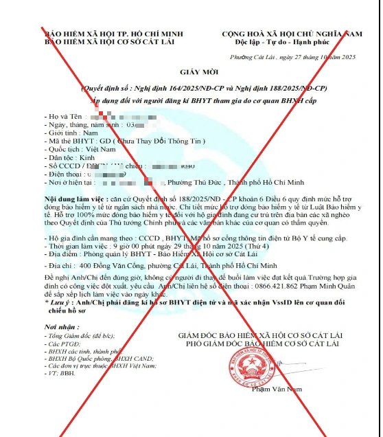 Giả mạo BHXH TP.HCM, 'tung chiêu' gửi giấy mời nhận hỗ trợ 100% mức đóng BHYT - Ảnh 1.