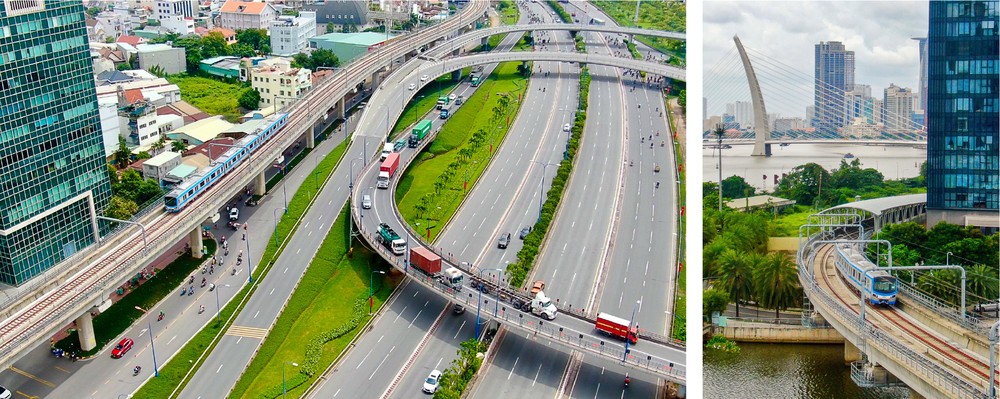 Tàu metro Bến Thành – Suối Tiên di chuyển qua ngã ba Cát Lái (ảnh trái). Tàu metro rời ga Ba Son – điểm giao giữa đoạn ngầm và đoạn trên cao của tuyến metro số 1. Ảnh: HOÀNG HÙNG Hoan thien NQ 98-7.jpg