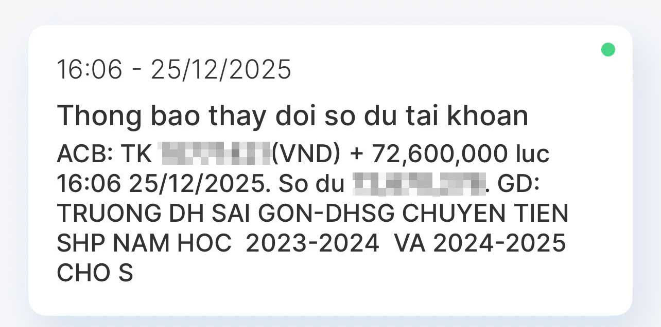 Sinh viên sư phạm tại Trường Đại học Sài Gòn nhận được tiền hỗ trợ sinh hoạt phí theo Nghị định 116. Ảnh: Sinh viên cung cấp