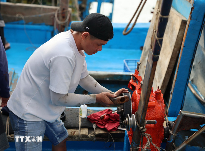 Ngư dân xã Phước Hải kiểm tra máy móc trên tàu cá trước khi xuất bến ra khơi đầu năm. (Ảnh: Hoàng Nhị/TTXVN) ttxvn-ngu-dan-tp-ho-chi-minh-ron-rang-mo-bien-dau-nam2.jpg