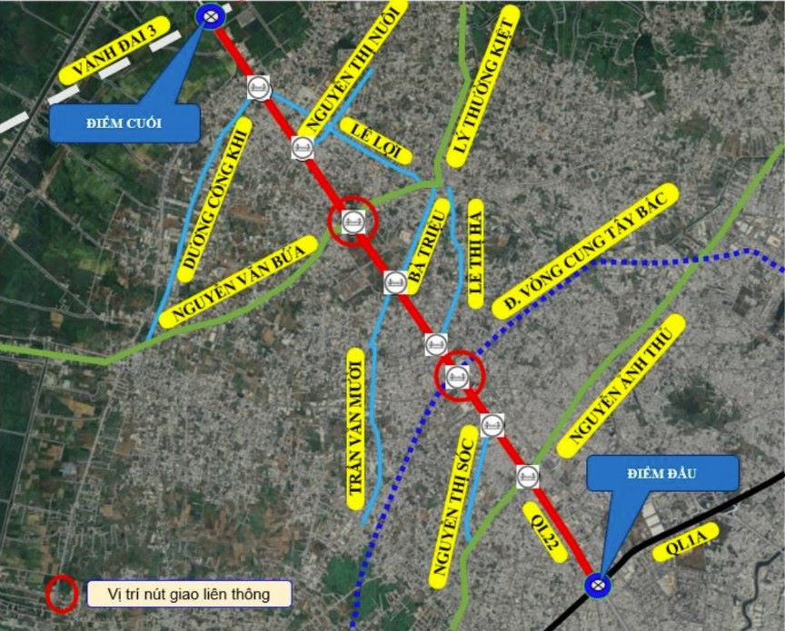 Các nút giao trên Quốc lộ 22 sẽ được xây cầu vượt. Ảnh: Sở Xây dựng TPHCM