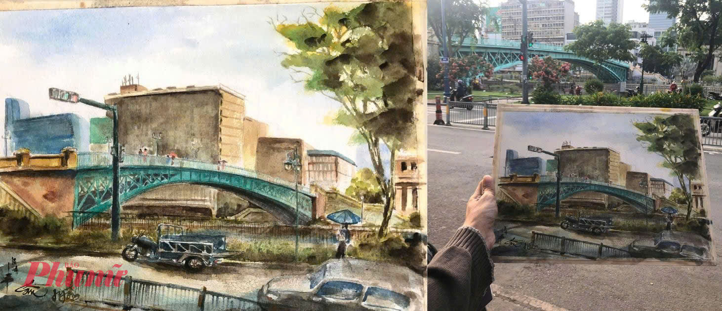 Một góc phố TPHCM được tái hiện qua ký họa, đặt cạnh không gian thực, cho thấy sự giao thoa giữa quan sát và cảm nhận cá nhân.